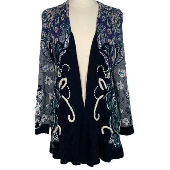 Anthropologie HWR Emma Navy Embroidered Open Cardigan Size Small - Picture 1 of 16